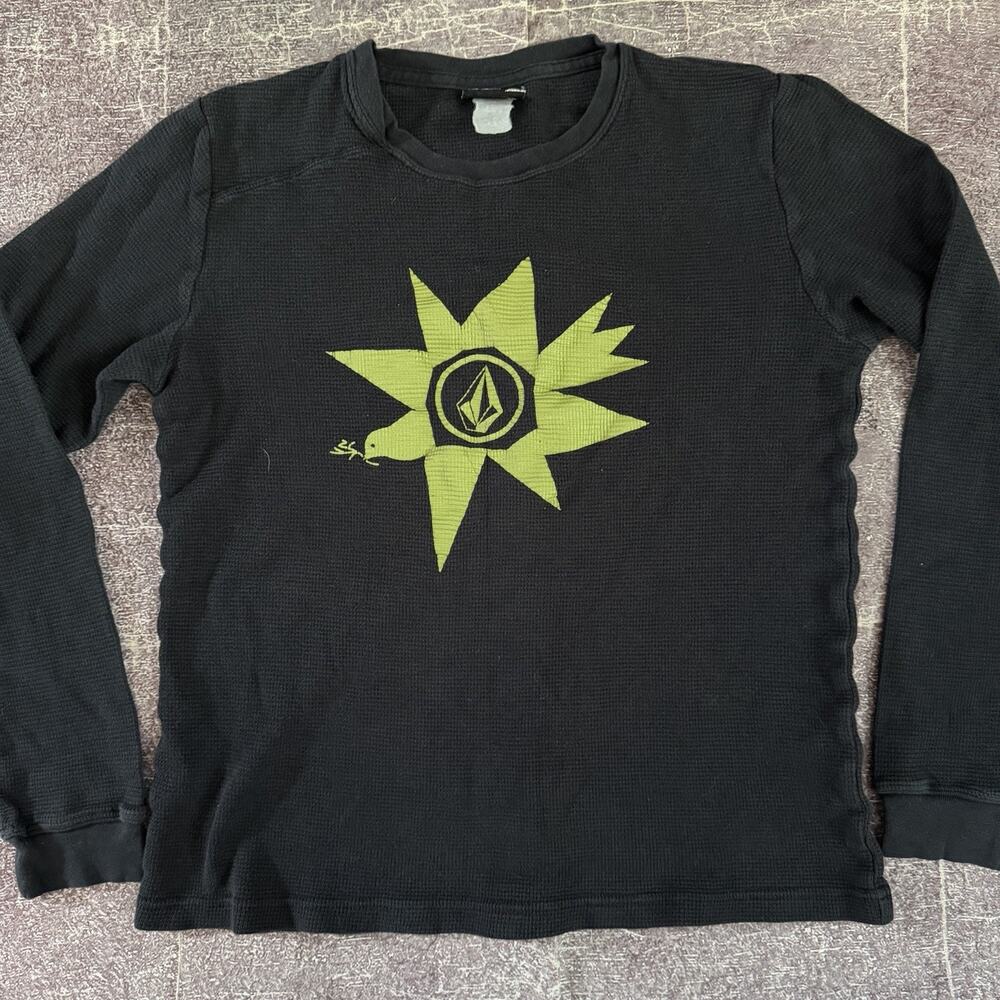 Women's Vintage Y2K Volcom Stone Black Waffle Thermal Long Sleeve T Shirt Sz S